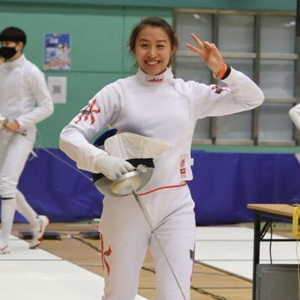 Kaylin Hsieh smiles after winning all six of her group matches at the LCSD Open Fencing Championships at Hong Kong Park Sports Centre. Photo: Shirley Chui