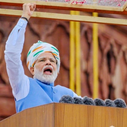Narendra Modi at Monday’s Independence Day ceremony at the Red Fort in New Delhi. He said the world was increasingly looking to India to help resolve global issues. Photo: Bloomberg