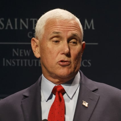 Former US Vice- President Mike Pence addresses an audience during a visit to the ‘Politics and Eggs,’ business gathering of the New Hampshire Institute of Politics on Monday. Photo: EPA-EFE