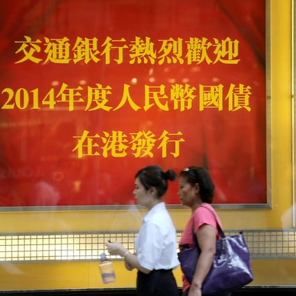 A billboard at the Bank of Communications branch in Central marking the issuance of yuan-denominated bonds in Hong Kong on 21 May 2014. Photo: SCMP
