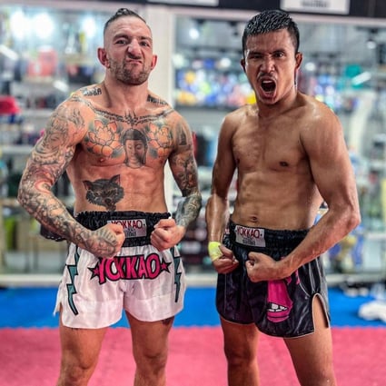 Liam Harrison and Superlek Kiatmoo9 pose for a photo at Yokkai Training Centre in Bangkok. Photo: Instagram/@superlek789