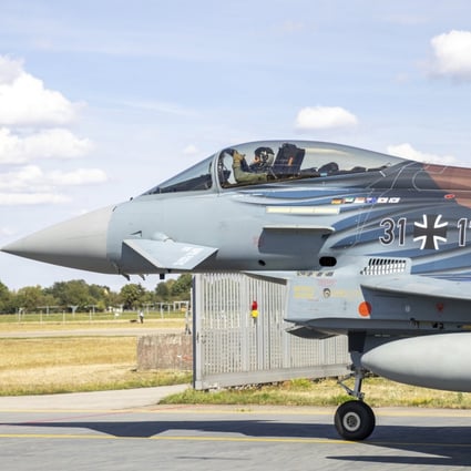 A German Eurofighter with special “Rapid Pacific 2022” livery prepares for take-off at Neuburg Air Base in Germany on August 15. A group of German air force fighter jets neared Singapore on August 16 in a marathon bid to fly them some 12,800km (8,000 miles) from their home base to Southeast Asia in just 24 hours. Photo: AP