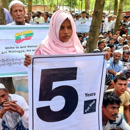 Rohingya refugees on Thursday as they gathered at a refugee camp in Bangladesh to mark the fifth anniversary of their fleeing from Myanmar to escape a military crackdown. Photo: Reuters