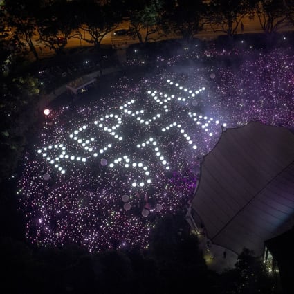 The crowd at the Pink Dot event forms the words ‘Repeal 377A’ at the Speaker’s Corner in Hong Lim Park in Singapore, on June 29, 2019. Photo: EPA-EFE