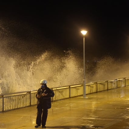 Spray from Victoria Harbour drenches the Heng Fa Chuen waterfront on Hong Kong Island. Photo: Edmond So