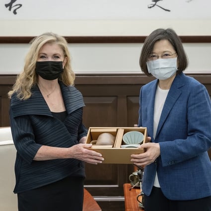 US Senator Marsha Blackburn exchanges gifts with Taiwanese  President Tsai Ing-wen  in Taipei  on Friday. Photo: AP