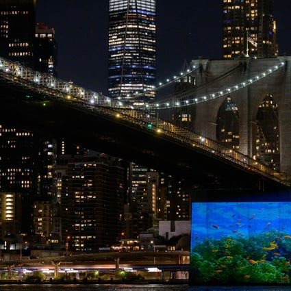 Images by Greenpeace calling for action to finalise a strong Global Ocean Treaty at the United Nations are projected onto the Brooklyn Bridge in New York City. Photo: AFP