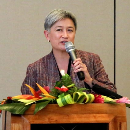 Australia’s Foreign Minister Penny Wong speaks to the media after arriving in Papua New Guinea’s Port Moresby this week. Photo: AFP