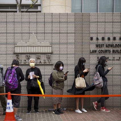 People queue to enter the West Kowloon Magistrates’ Courts on March 3, 2021, to attend a hearing for the 47 activists. The secretary for justice has since indicated that the case will be tried without a jury. Photo: Winson Wong 