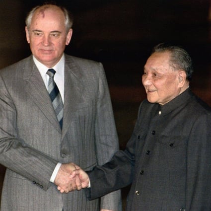 Soviet leader Mikhail Gorbachev shakes hands with China’s top leader Deng Xiaoping prior to their meeting at the Great Hall of the People in Beijing on May 16, 1989. Photo: AP