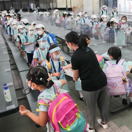 Students return to school on the first day of the new school term at Fukien Secondary School Affiliated School in Yau Tong on September 1. Photo: Sam Tsang