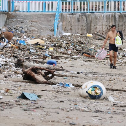 Plastic waste swept onto Hong Kong’s shorelines by Typhoon Kompasu lies strewn across Silverstrand Beach in Sai Kung, on October 14, 2021. Photo: May Tse