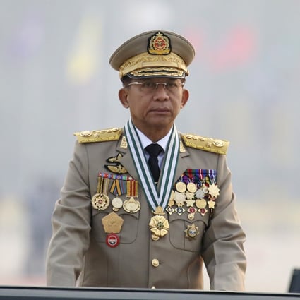 Myanmar’s junta chief, Senior General Min Aung Hlaing, is pictured in Naypyidaw on March 27, 2021. Photo: AP