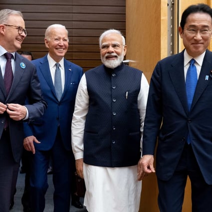 From the left, Australian Prime Minister Anthony Albanese, US President Joe Biden, Indian Prime Minister Narendra Modi and Japanese Prime Minister Kishida Fumio arrive for their Quad leaders’ meeting at the Japanese prime minister’s office in Tokyo on May 24. Photo: AFP 