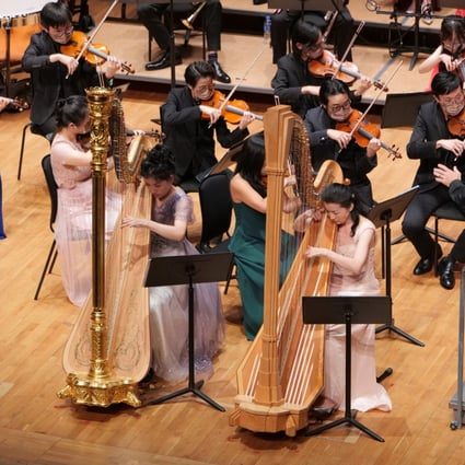 Lau-yee Yeung (left) and Dan Yu perform with the City Chamber Orchestra of Hong Kong under Robert Reimer in the concert “Stars, Angels & Celestial Harps”. Photo: CCOHK