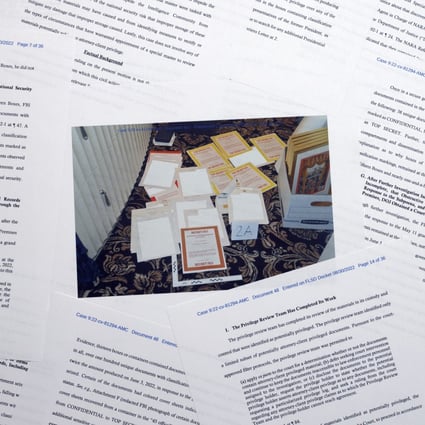 Pages from a Department of Justice court filing in response to a request from Donald Trump for a special master to review documents seized during the August 8 search of Mar-a-Lago. Photo: AP