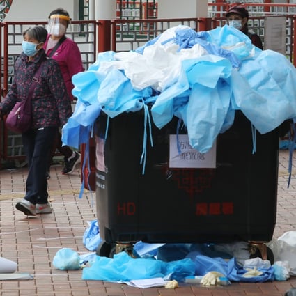 Plastic clinical waste generated by Covid-19 testing piles up during Kwai Chung Estate’s five-day lockdown on January 26. Photo: Jelly Tse