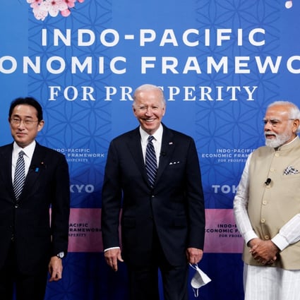 From left, Japanese Prime Minister Fumio Kishida, US President Joe Biden and Indian Prime Minister Narendra Modi at the introduction of the Indo-Pacific Economic Framework in Tokyo on May 23. Photo: Reuters 