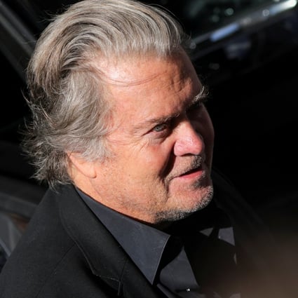 Former US President Donald Trump’s White House chief strategist Steve Bannon arrives to surrender at the Manhattan District Attorney’s Office in New York on Thursday. Photo: Reuters