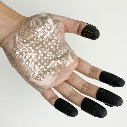 A Chinese team’s wearable device induces current in the skin to stimulate nerves and simulate touch. Photo: Robotics X Lab, Tencent Technology