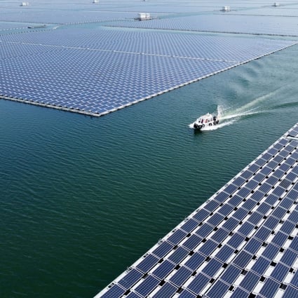 The Maowei floating photovoltaic power station in east China’s Anhui Province. The floating power station has an installed capacity of 130 megawatts. Photo: Xinhua