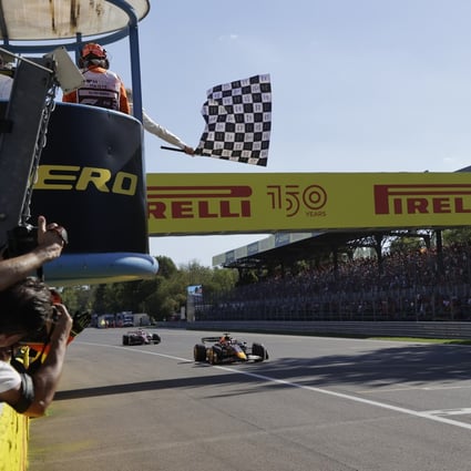Red Bull’s Max Verstappen crosses the finish line to win the Italian Grand Prix. Photo: AP