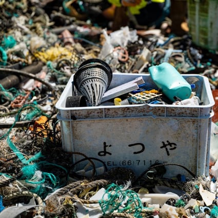 Samples of plastic retrieved from the North  Pacific Garbage Patch includes a crate with  visible Japanese text,  eel traps and nets, all of which originated from fishing activities. Photo: Handout