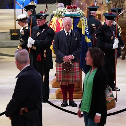 King Charles, centre, and other members of the royal family hold a vigil at the coffin of Queen Elizabeth at St Giles’ Cathedral in Edinburgh, Scotland on Monday. Photo: Pool/AP