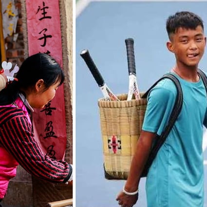 A rising teen tennis star from the Wa ethnic group who carries his racquets in a traditional bamboo basket is a social media darling in China. Photo: SCMP composite