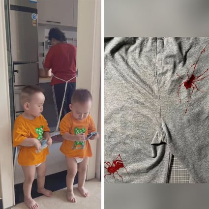 Two toddlers are tied to their grandma who was cooking (left) and art to protest period-shaming (right). Photo: SCMP composite