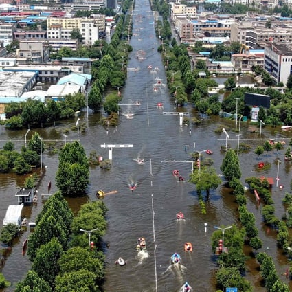 An aerial photo taken on July 26, 2021, shows a flooded area in Weihui, Xinxiang city, in China’s central Henan province. Photo: AFP