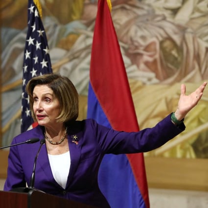 US House of Representatives Speaker Nancy Pelosi talking in Yerevan, Armenia, on Sunday. Photo: via Reuters