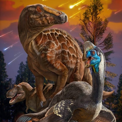 An artist’s depiction shows Chinese scientists’ view of late Cretaceous oviraptorosaurs, hadrosaurs, and tyrannosaurs living in central China. Image: Chuang Zhao.