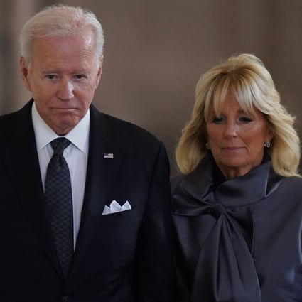US President Joe Biden and First Lady Jill Biden view the coffin of Queen Elizabeth II, lying in state on the catafalque in Westminster Hall, London. Photo: PA