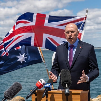 Peter Dutton, then Australian defence minister,  speaks at a press conference at HMAS Stirling, a Royal Australian Navy base in Perth, on October 29, 2021. Since September 2021, Australia, the UK and the US have entered a trilateral security partnership called Aukus. Photo: EPA-EFE