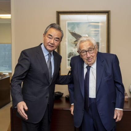 Chinese Foreign Minister Wang Yi meets former US secretary of state Henry Kissinger in New York on Monday. Photo: Handout