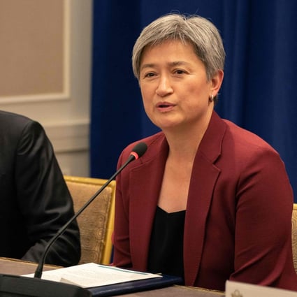 Australian Foreign Minister Penny Wong speaks next to US Secretary of State Antony Blinken as they attend a meeting of the Quadrilateral Security Dialogue in New York on Friday. Photo: AFP