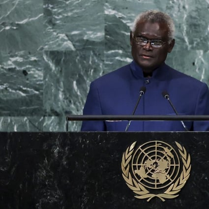 Solomon Islands Prime Minister Manasseh Sogavare addressing the  United Nations General Assembly on Friday at UN headquarters in New York. Photo: AP 