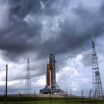 Storm clouds move over the Artemis I moon rocket at the Kennedy Space Centre in Florida in August. Photo:Orlando Sentinel via TNS