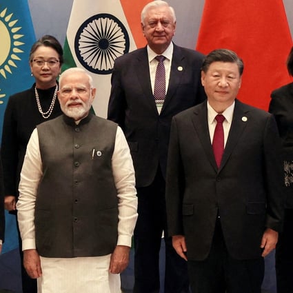 There was no eye contact, smiles or handshake between Indian Prime Minister Narendra Modi and Chinese President Xi Jinping during the SCO group photo session. Photo: Sputnik/Sergey Bobylev/Pool via Reuters