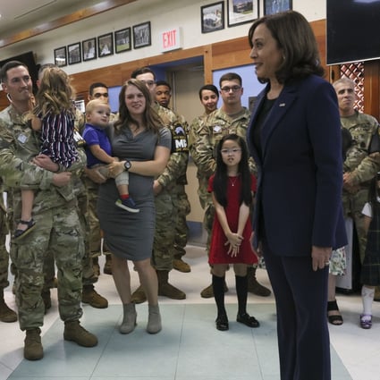 US Vice President Kamala Harris greets soldiers at Camp Bonifas as she visits the demilitarised zone (DMZ) separating the two Koreas, in Panmunjom, South Korea on Thursday. Photo: Pool via AP