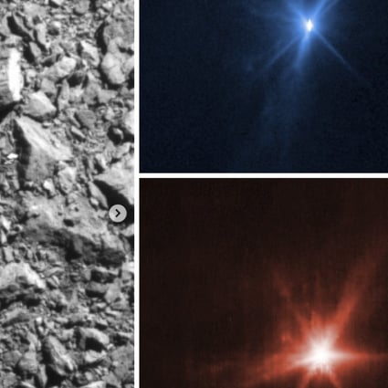 Three views of the Dart spacecraft impact on the asteroid Dimorphos as seen by (clockwise from left) a forward camera on Dart, the Hubble Space Telescope and the James Webb Space Telescope. Images: Nasa via AP