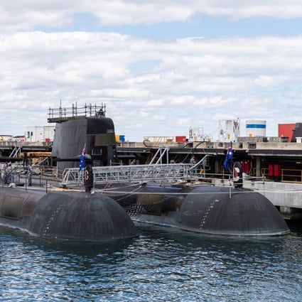 Two Australian Collins class submarines at HMAS Stirling Royal Australian Navy base in Perth, Western Australia. In September 2021, Australia, the UK and the US announced an enhanced trilateral security partnership called Aukus under which Australia will acquire a number of nuclear-powered submarines. Photo: EPA-EFE