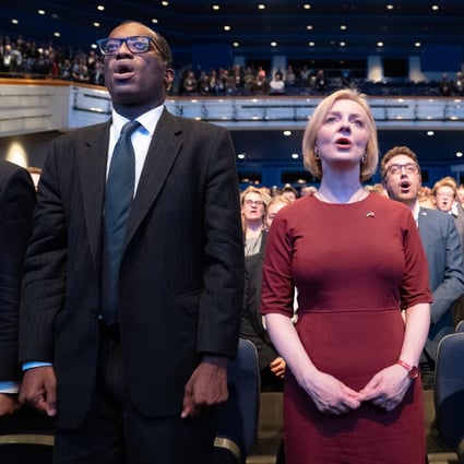 UK Chancellor of the Exchequer Kwasi Kwarteng, Prime Minister Liz Truss and her husband Hugh O’Leary, right, at the start of the Conservative Party annual conference at the International Convention Centre in Birmingham on Sunday. Photo: PA Wire / dpa