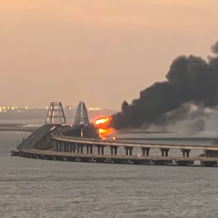 A fire broke out on the Kerch bridge linking Crimea to Russia on Saturday. Photo: Reuters