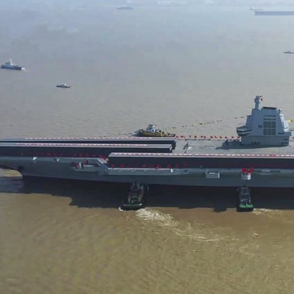 The Fujian, which was launched in June, is by far China’s biggest, most modern and most powerful aircraft carrier. Photo: Weibo