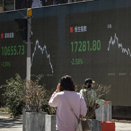 A public screen displays the Shenzhen Stock Exchange and the Hang Seng Index figures in Shanghai on October 10. Photo: Bloomberg