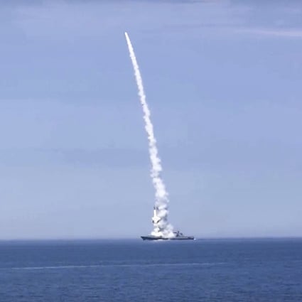 A Russian warship launches a cruise missile at a target in Ukraine on Monday. Photo: Russian Defence Ministry Press Service via AP