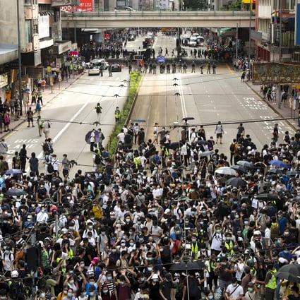 Protesters face off with police in Causeway Bay on July 1, 2020, in a demonstration against the national security law. Photo: Sam Tsang