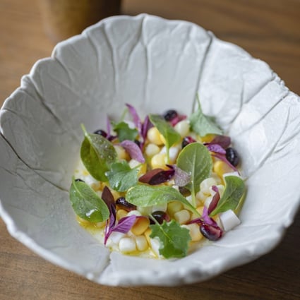 Steamed yeast custard and beef tendon with heirloom corn sourced directly from a farm in Taiwan. Photo: Roganic